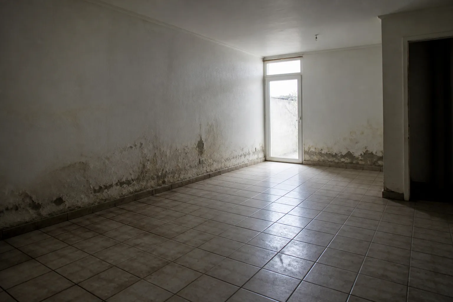 Rez-de-chaussée avec traces d’humidité sur les murs