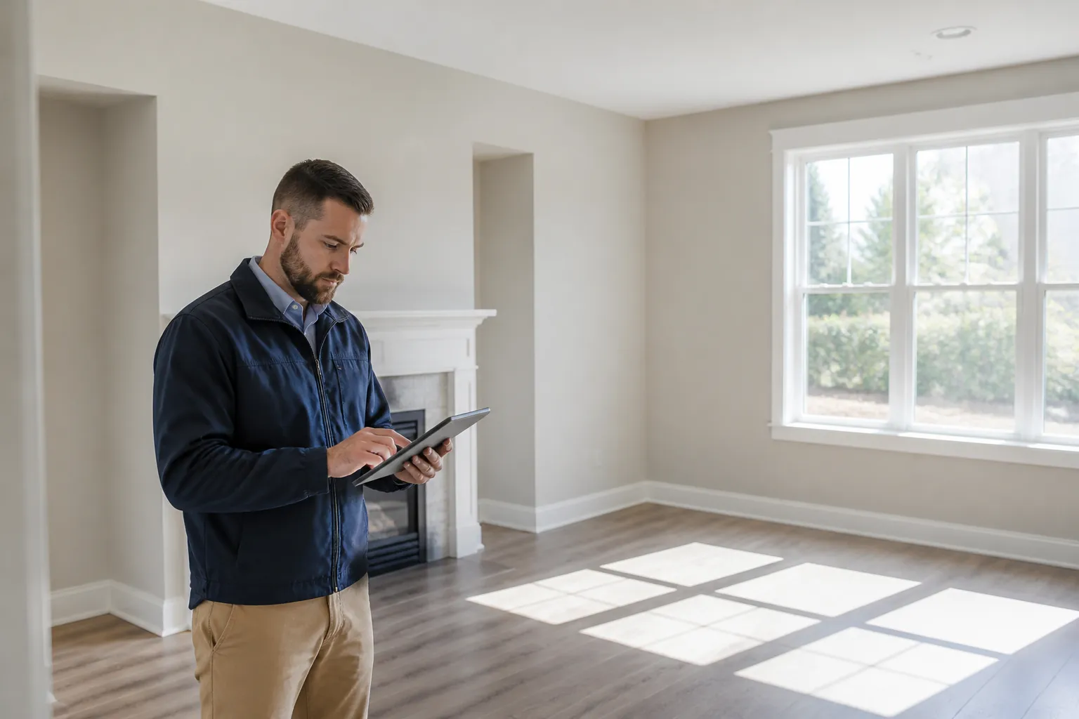 Expert notant ses constats dans une maison vide