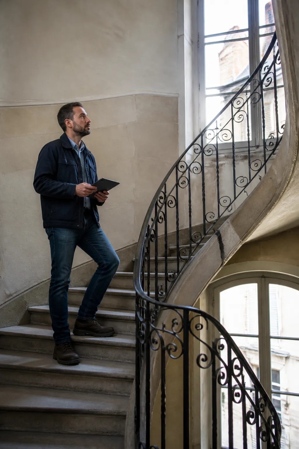 Expert en bâtiment dans la cage d’escalier d’un immeuble ancien