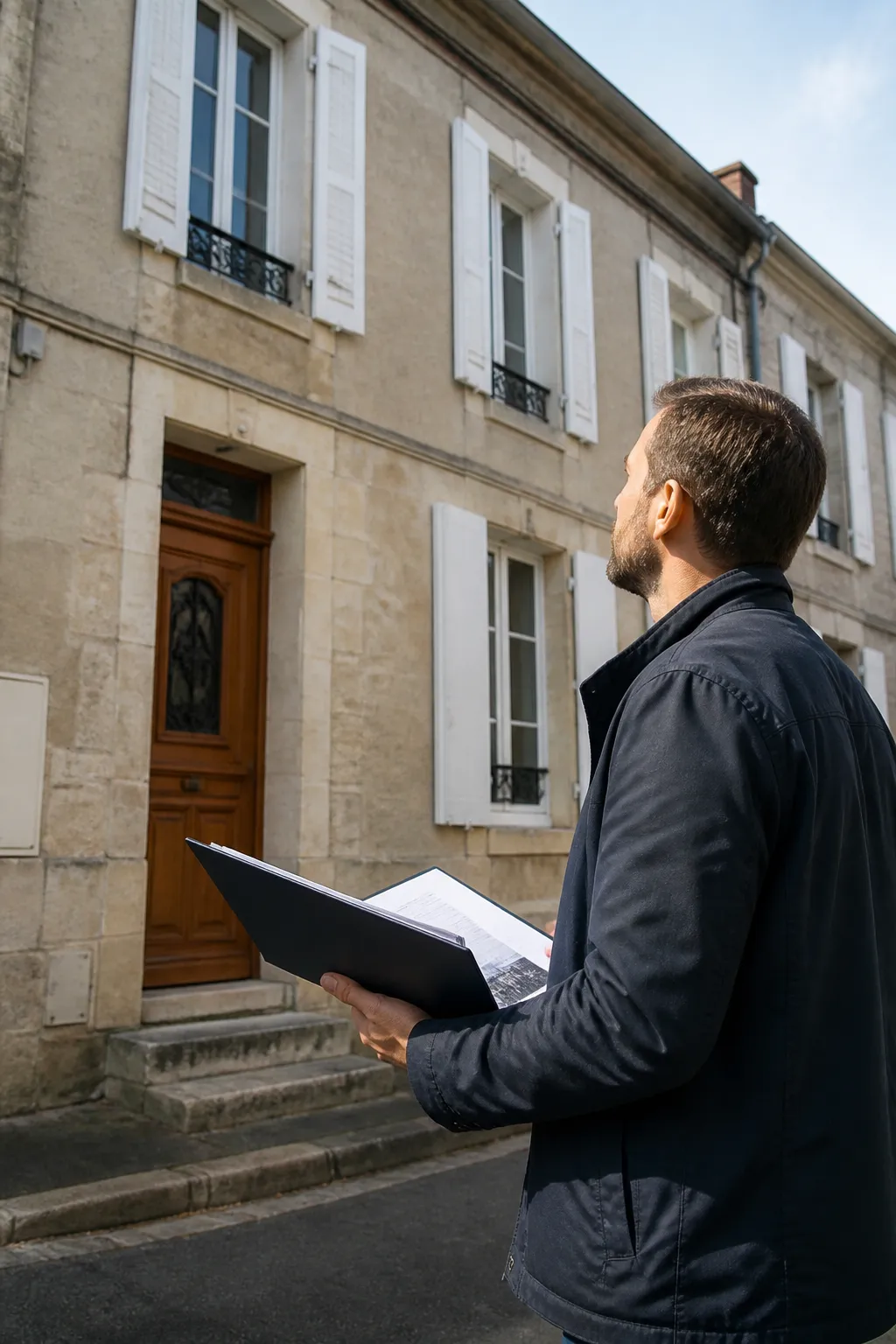 Expert en bâtiment devant une maison de ville ancienne