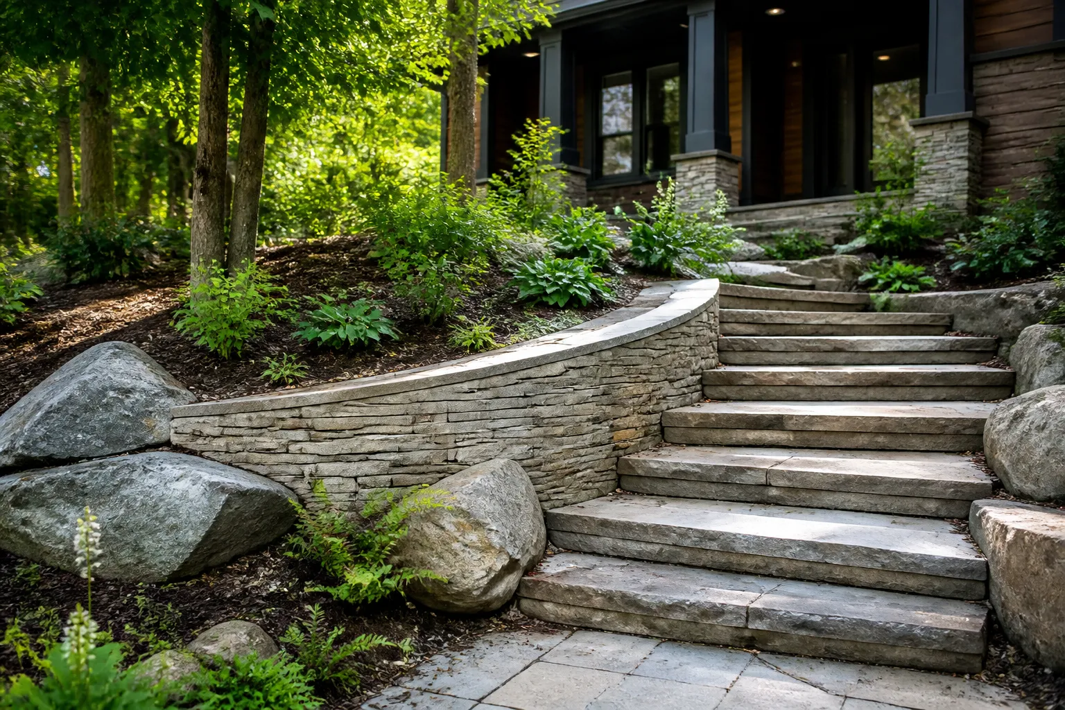 Escalier extérieur et mur de soutènement dans un jardin en pente