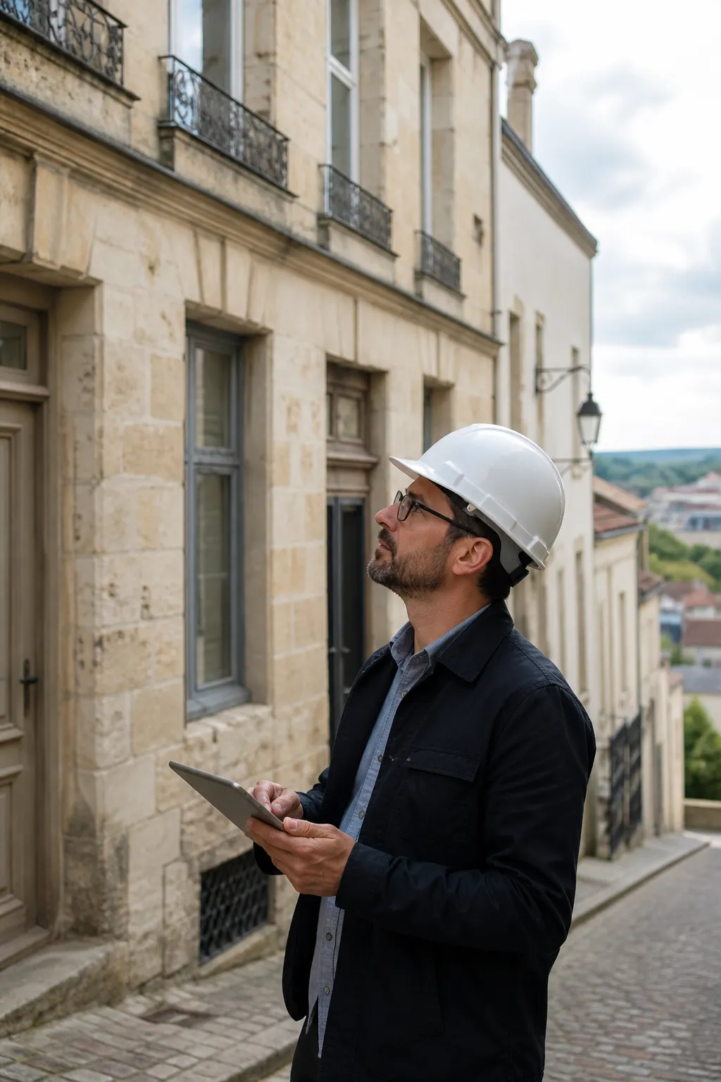 Expert en bâtiment devant une façade ancienne en pierre de taille