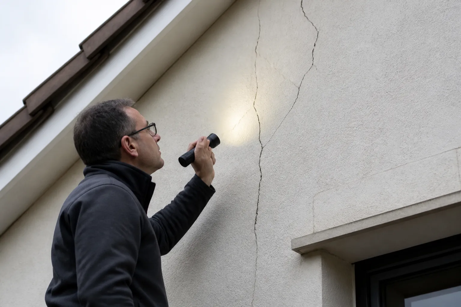Expert examinant une fissure sur un pignon de maison