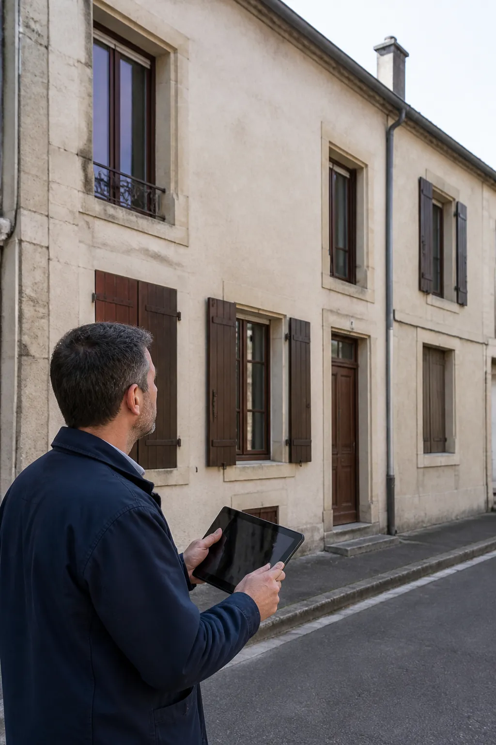 Expert en bâtiment devant une maison de bourg mitoyenne