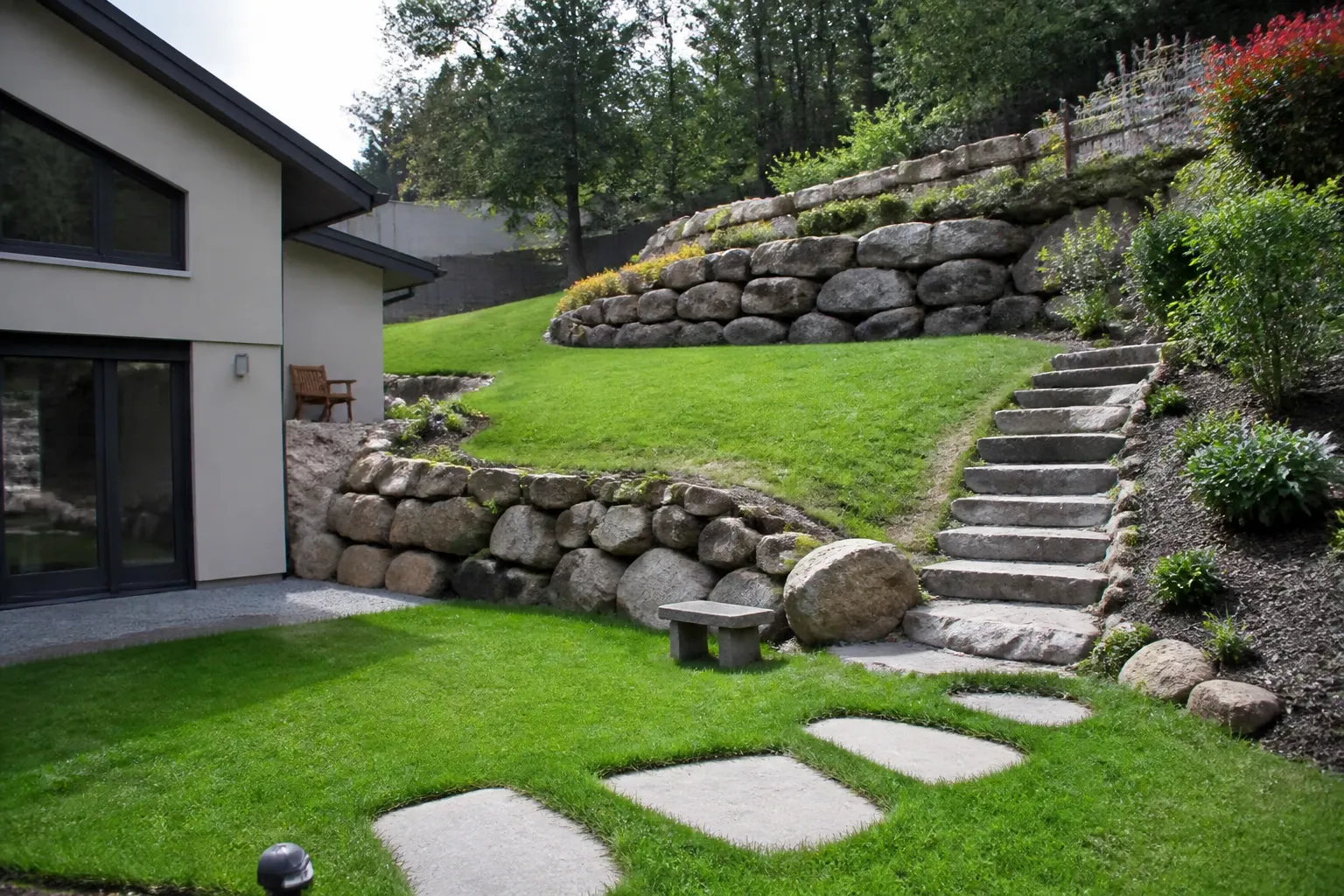 Jardin en pente avec mur de soutènement derrière une maison