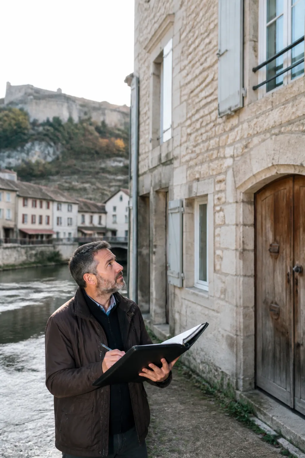 Expert en bâtiment devant une maison ancienne près d’une rivière