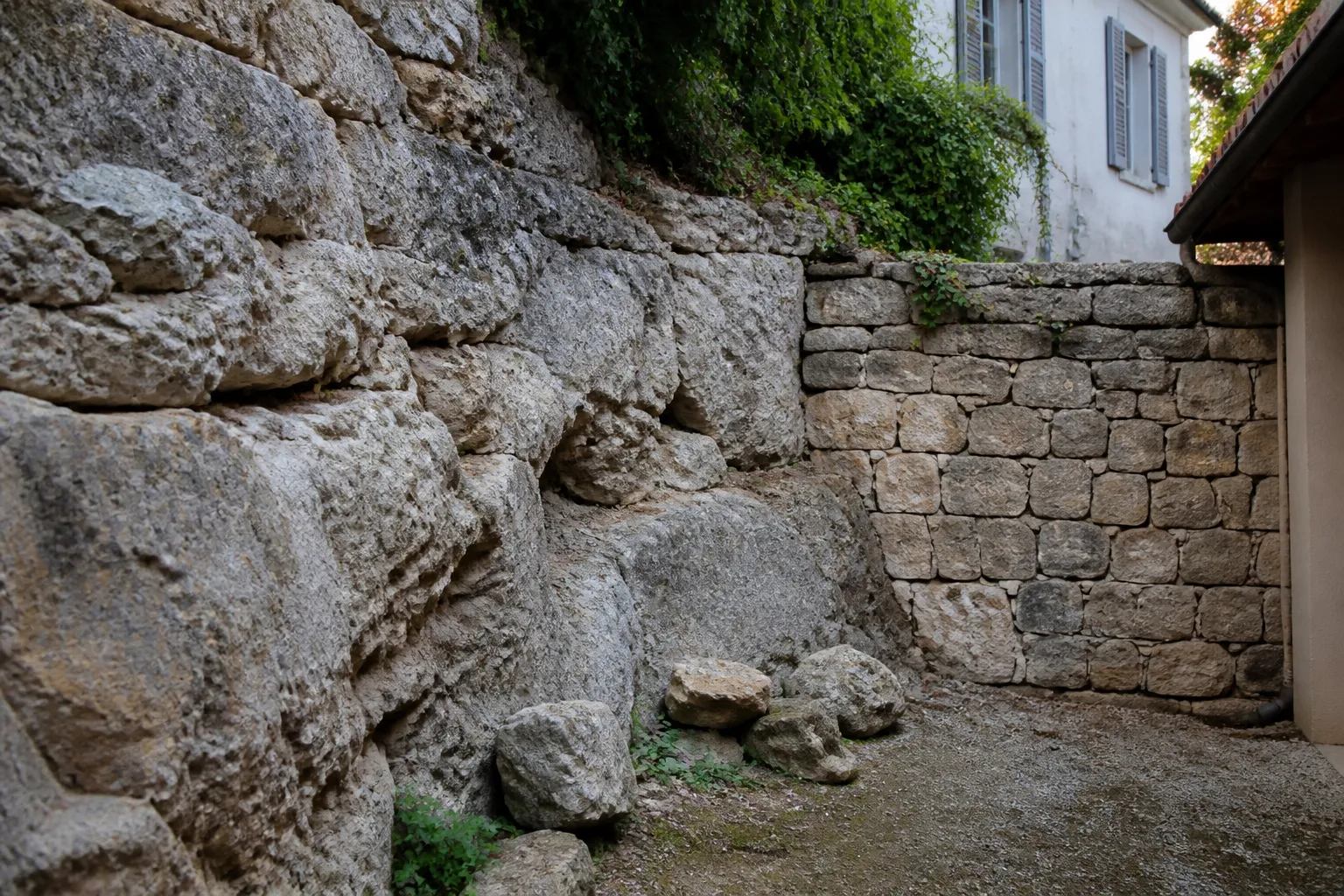 Talus rocheux et mur de clôture en pierre derrière une maison