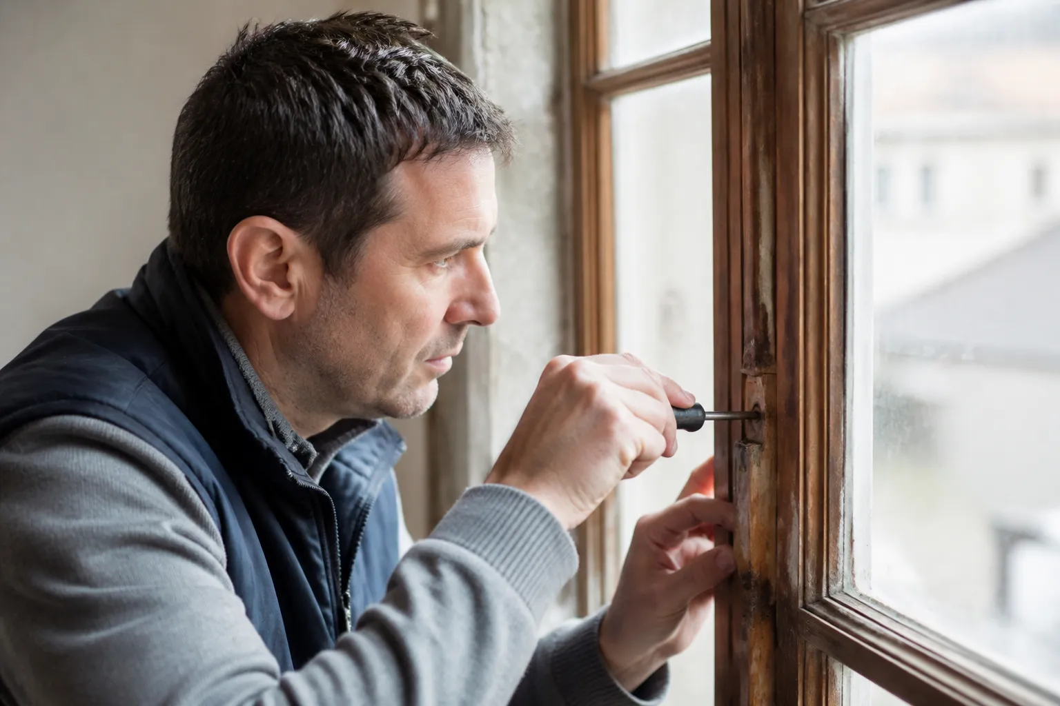 Expert vérifiant une menuiserie ancienne