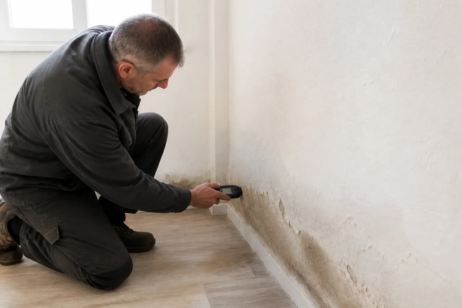 Expert mesurant l’humidité au pied d’un mur intérieur