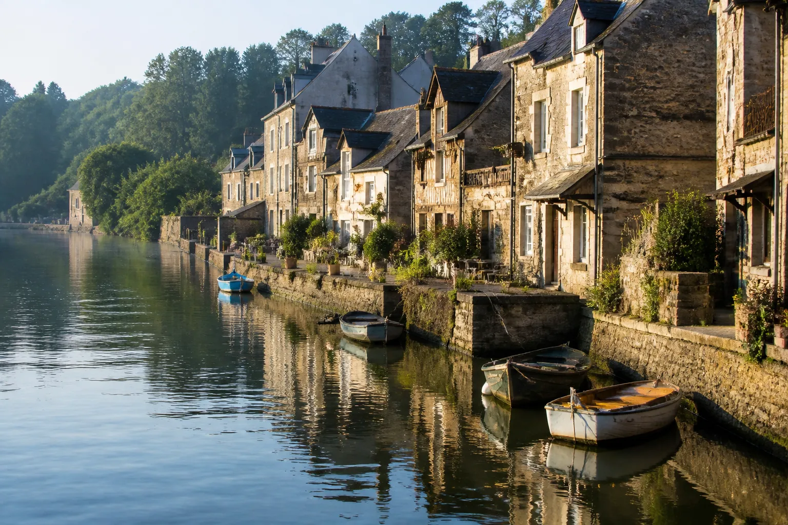 Quai de rivière avec maisons anciennes et bateaux