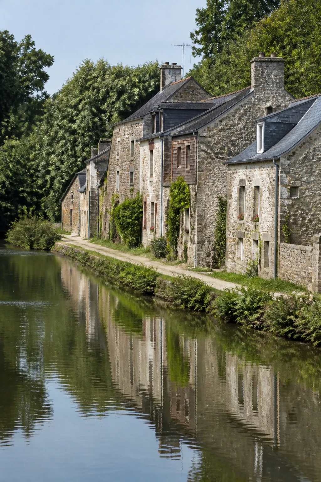Maisons anciennes en pierre le long d’un canal en Bretagne intérieure