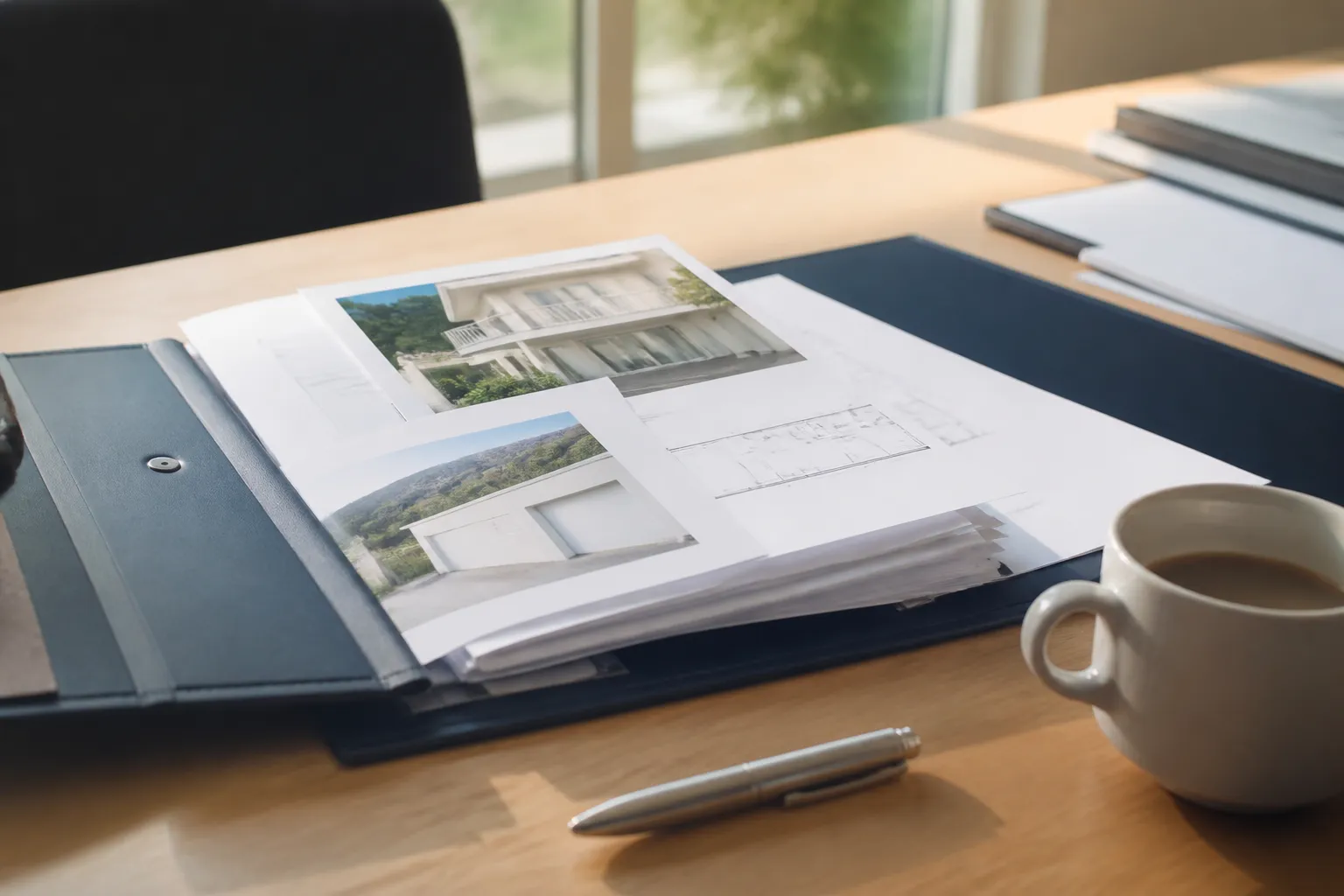 Dossier de vente immobilière ouvert sur un bureau