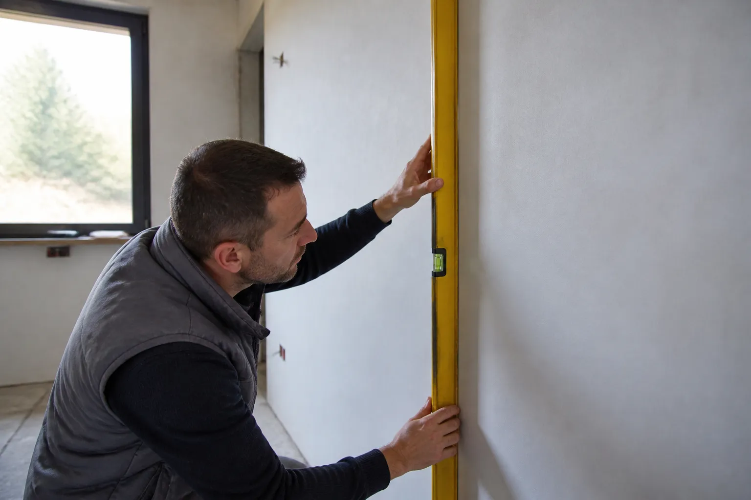Expert vérifiant l’aplomb d’un mur intérieur