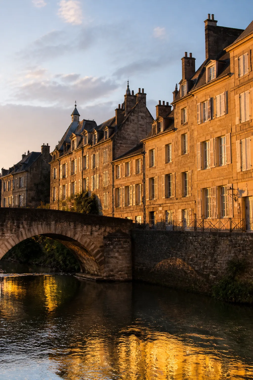 Immeubles anciens en pierre calcaire le long d’une rivière