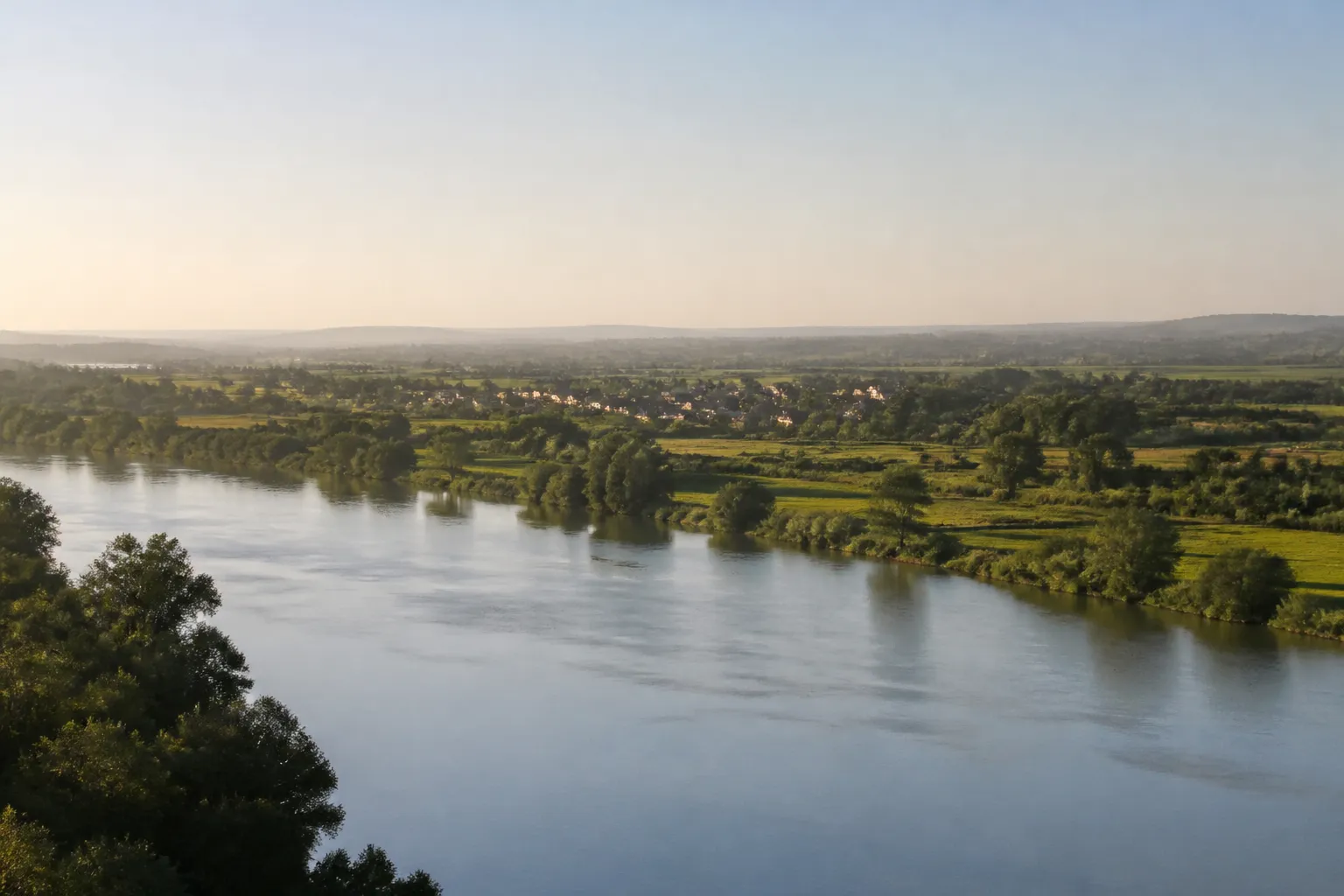Plaine alluviale avec rivière et habitations