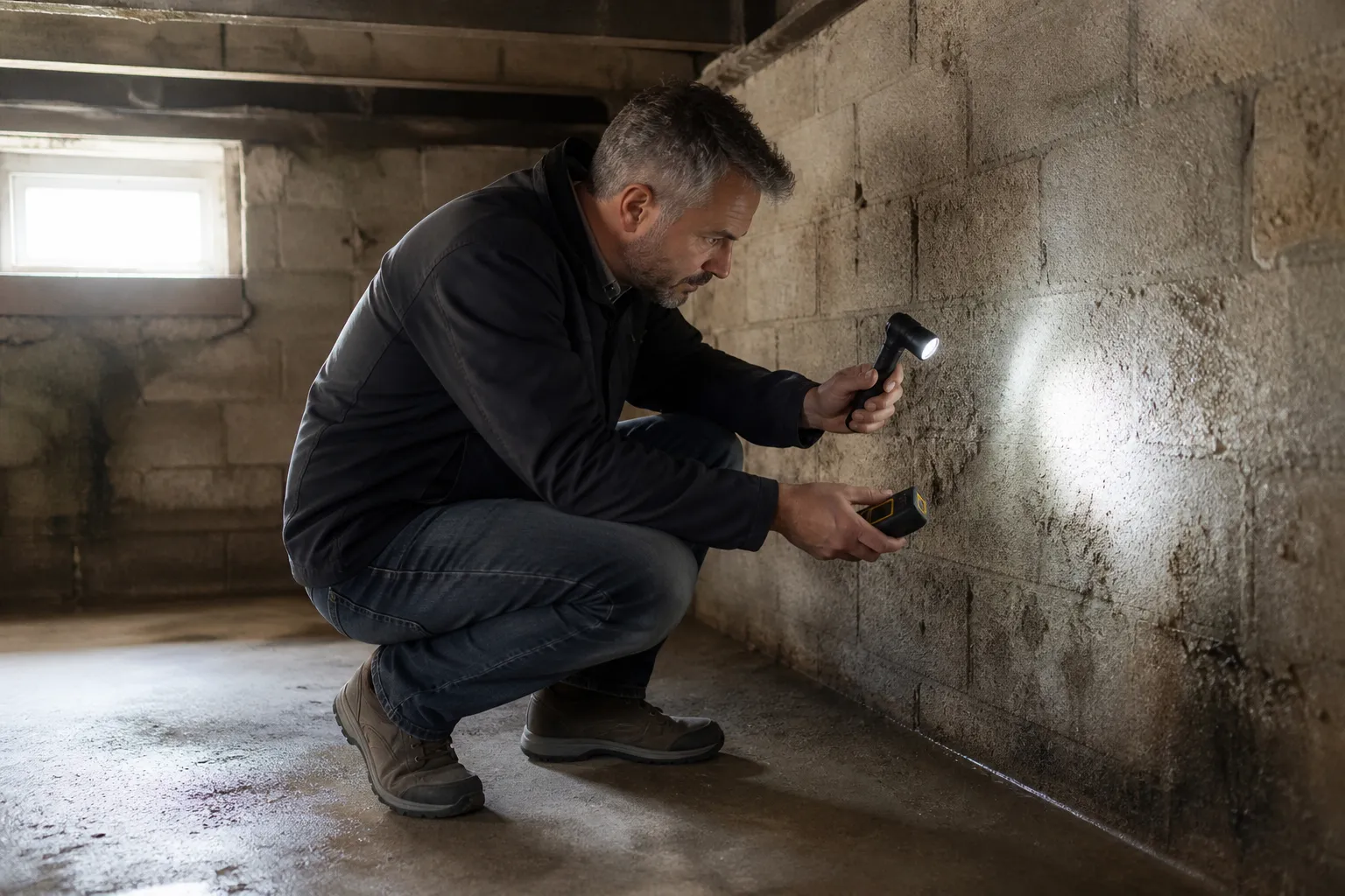 Expert examinant un sous-sol de pavillon