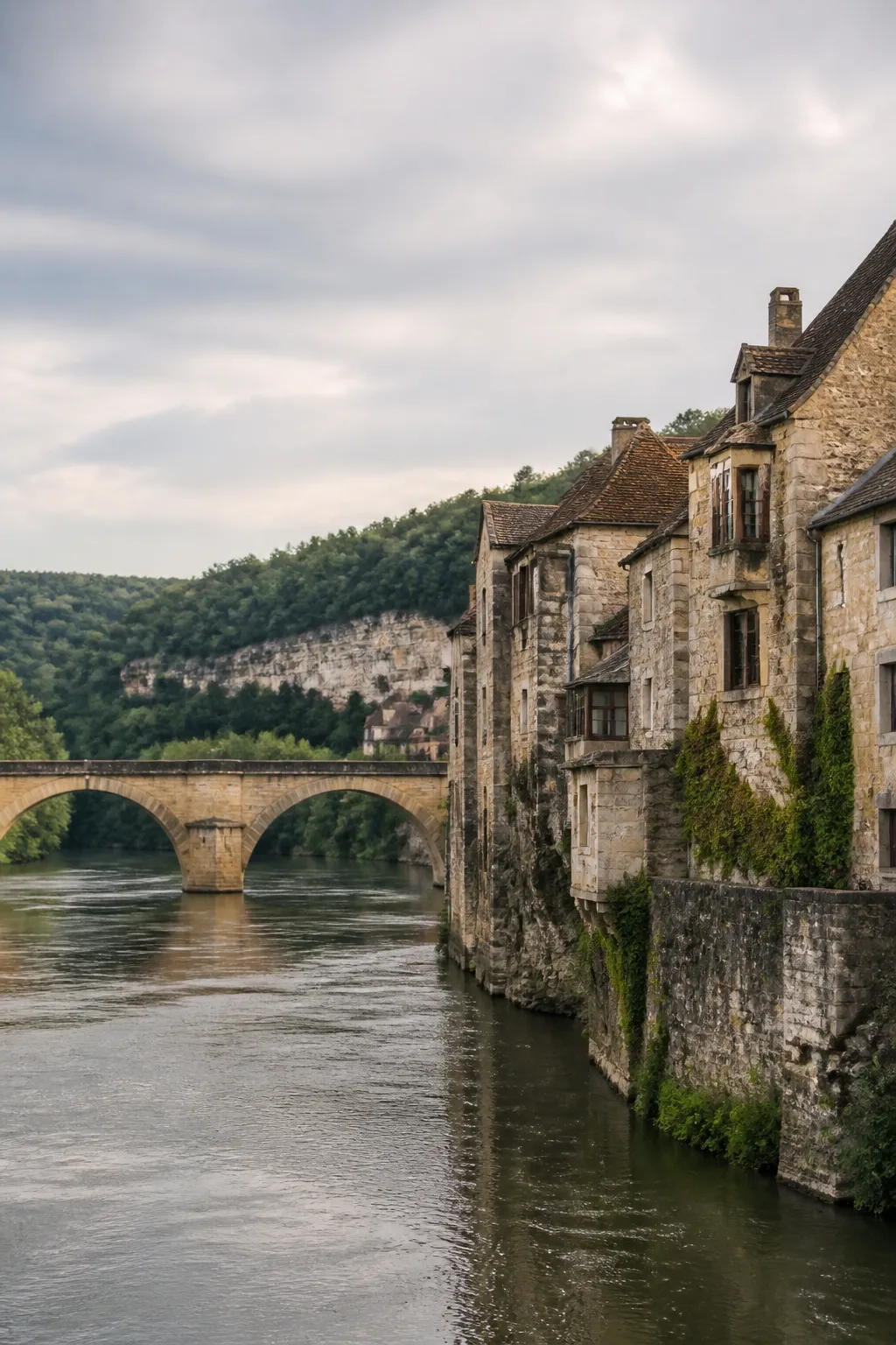 Maisons anciennes en pierre au bord d’un fleuve avec pont ancien