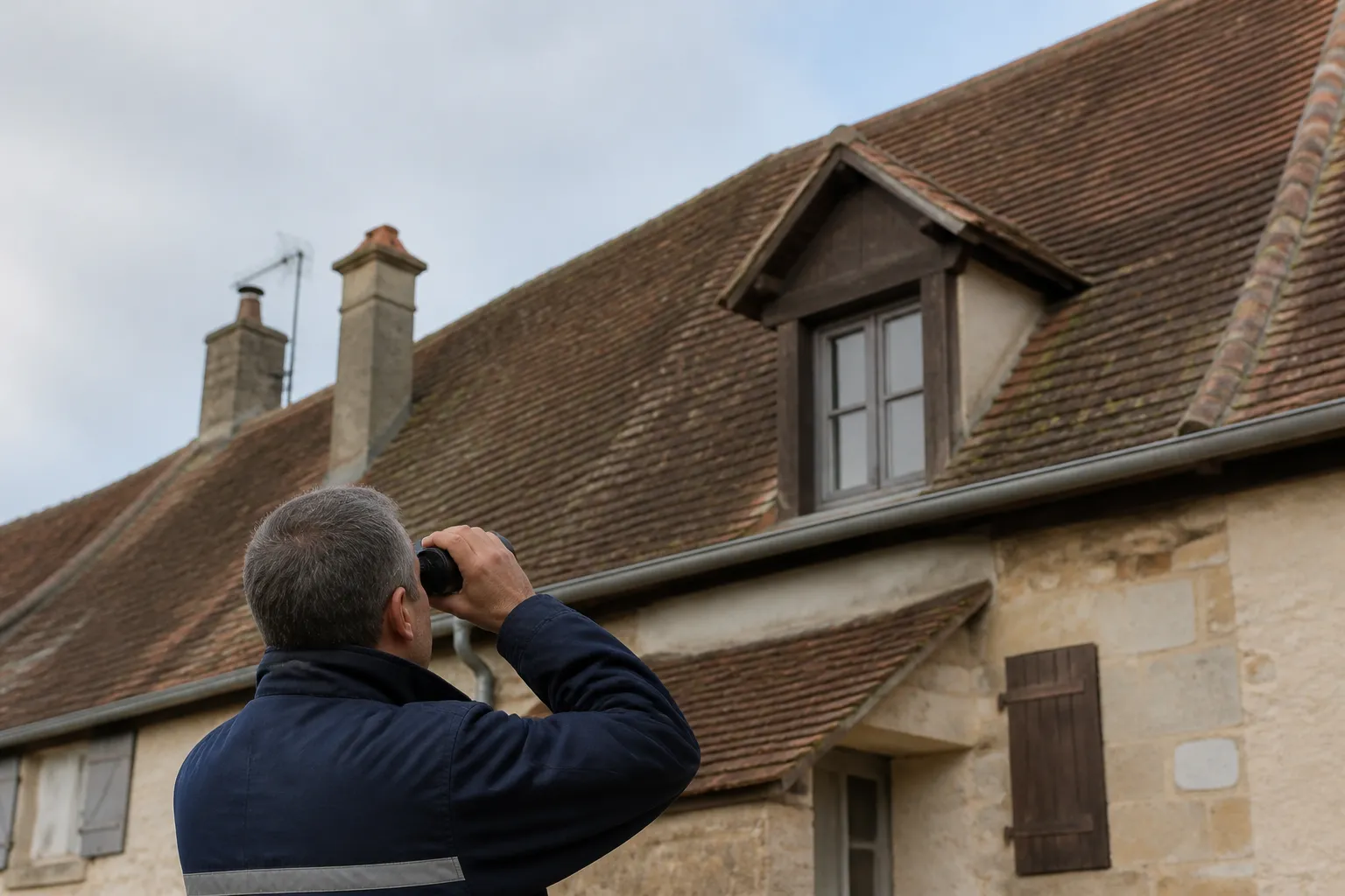Expert observant une toiture depuis la rue