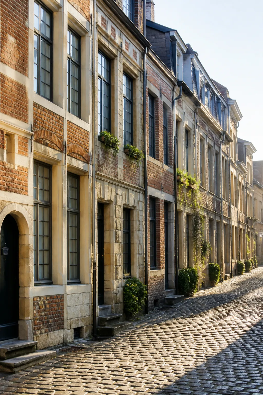 Façades anciennes d’immeubles de ville en brique et pierre