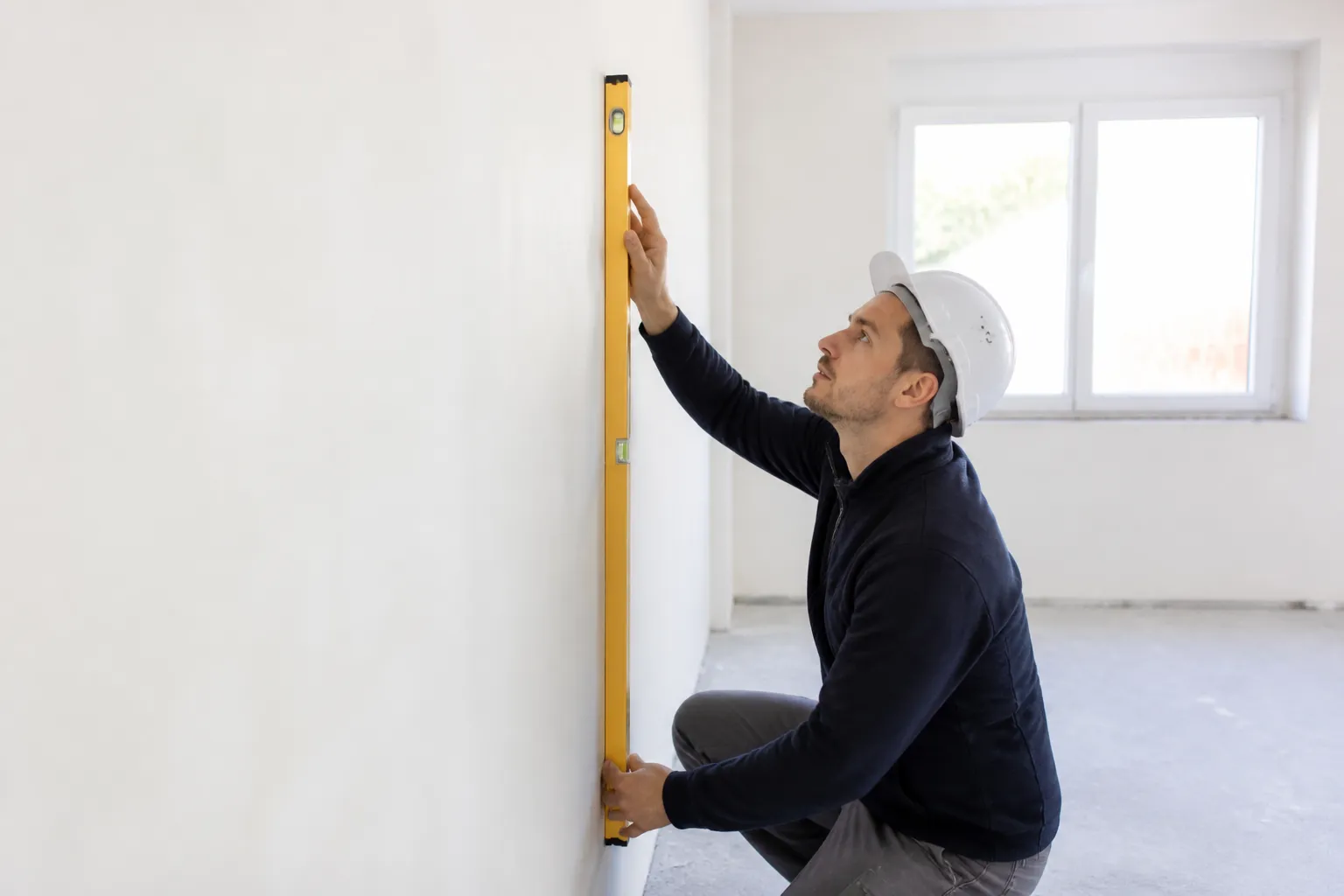 Expert contrôlant l’aplomb d’un mur intérieur