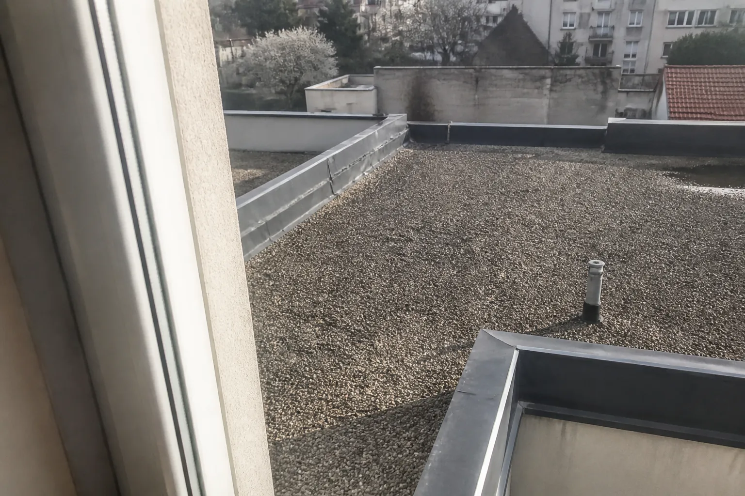Expert examinant une toiture terrasse depuis une fenêtre