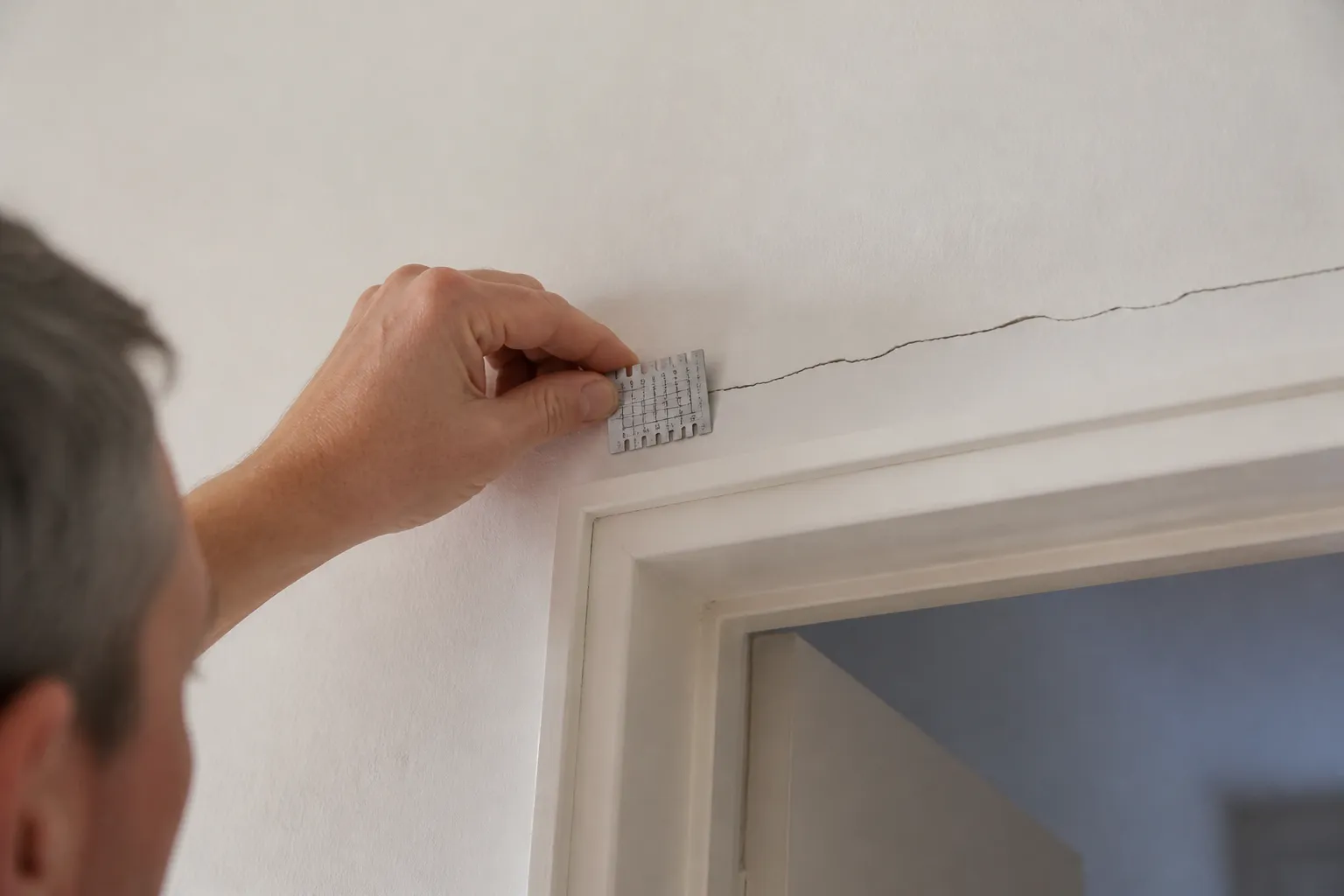 Expert mesurant une fissure intérieure