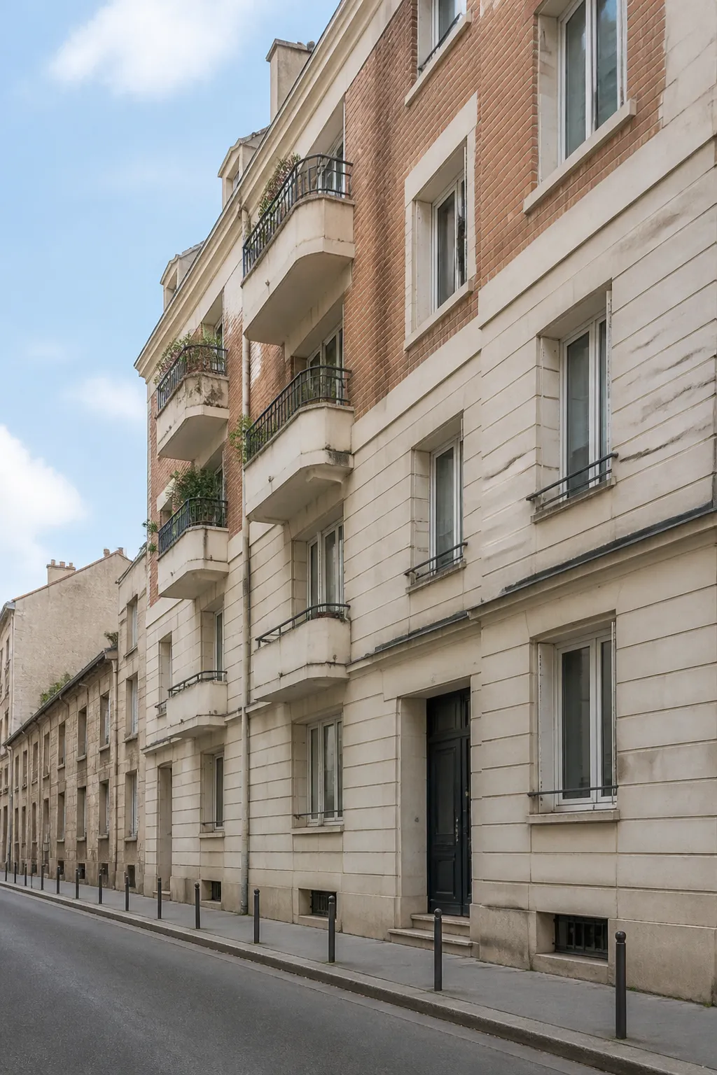 Immeuble d’après-guerre en pierre et brique avec balcons