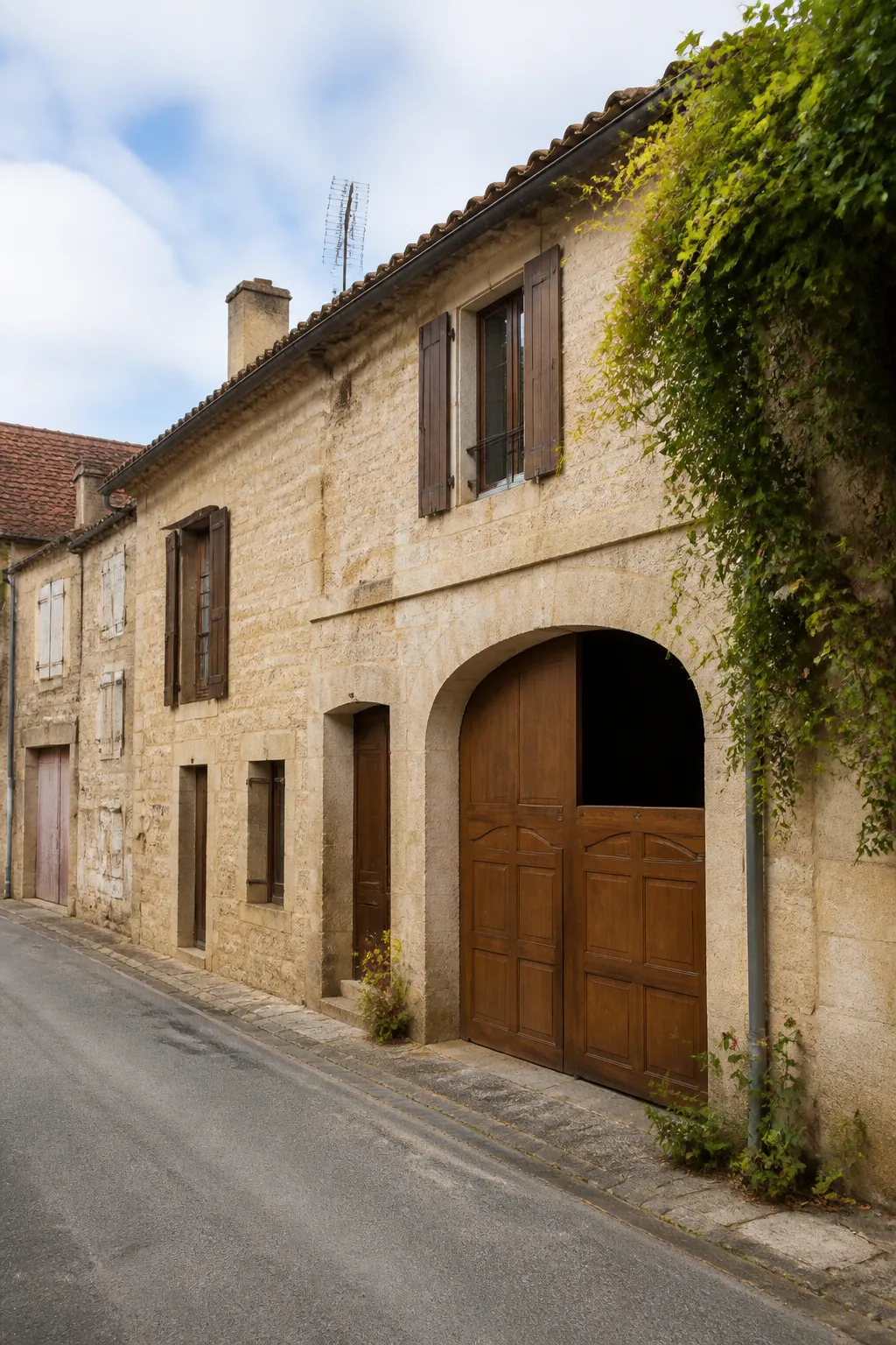 Maison de bourg ancienne en pierre avec porte cochère