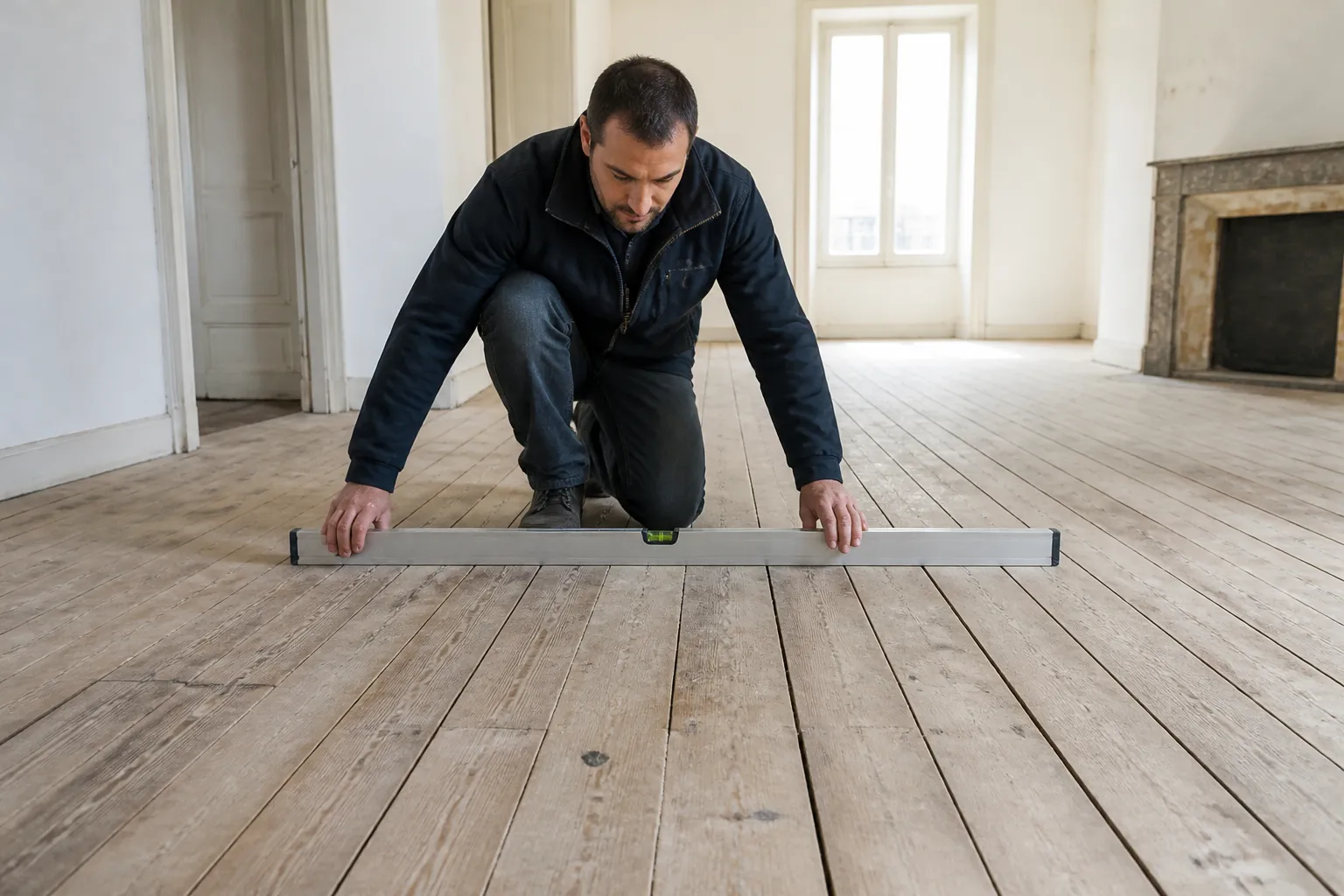 Expert vérifiant le niveau d’un plancher ancien