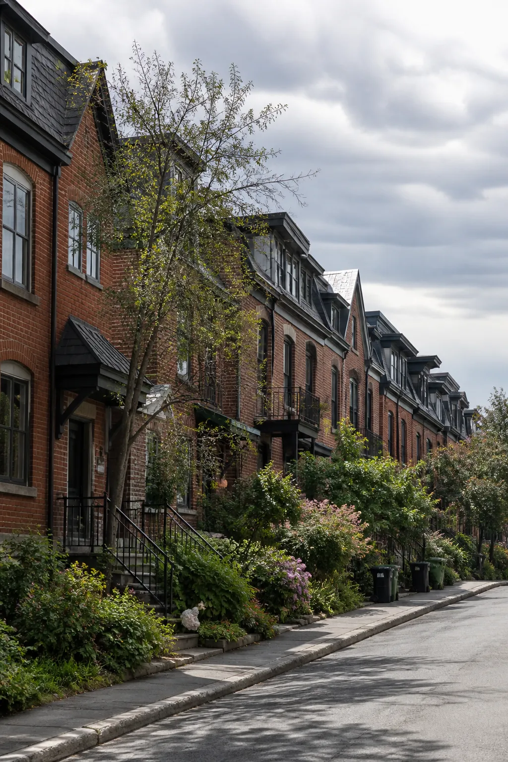 Maisons de ville en brique dans une rue en pente douce
