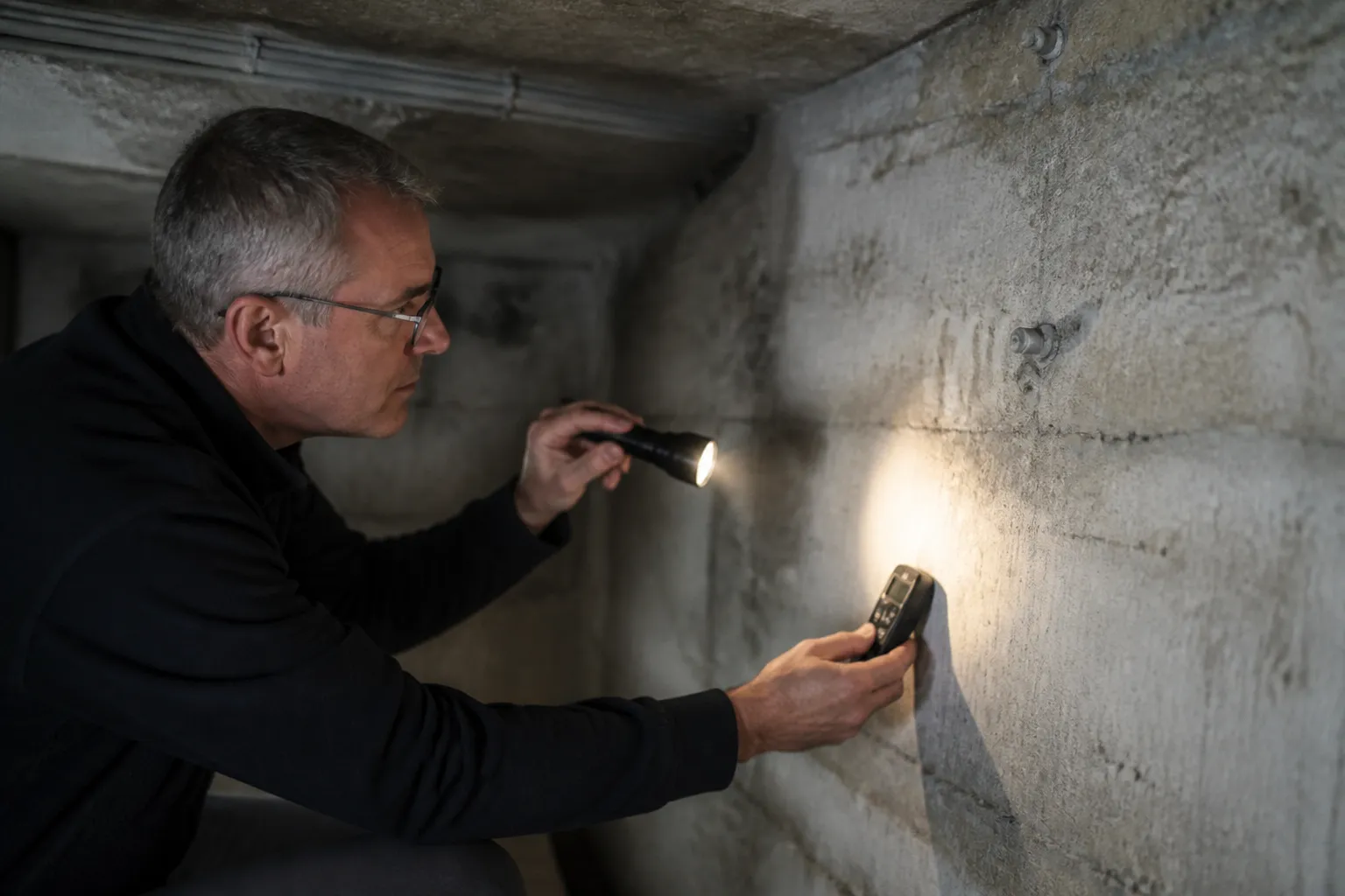 Expert examinant un sous-sol de pavillon