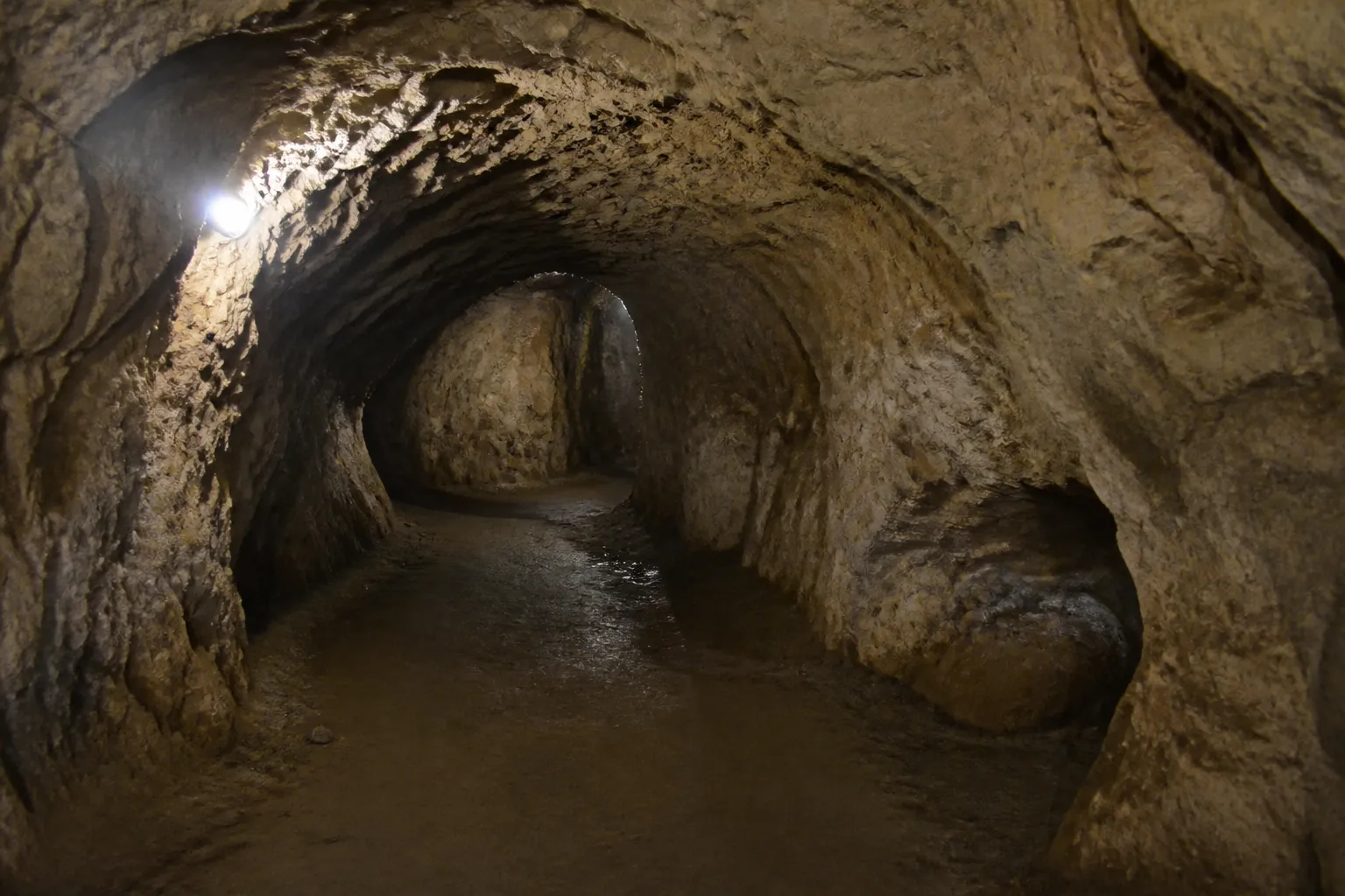 Cave voûtée en pierre éclairée par une lampe