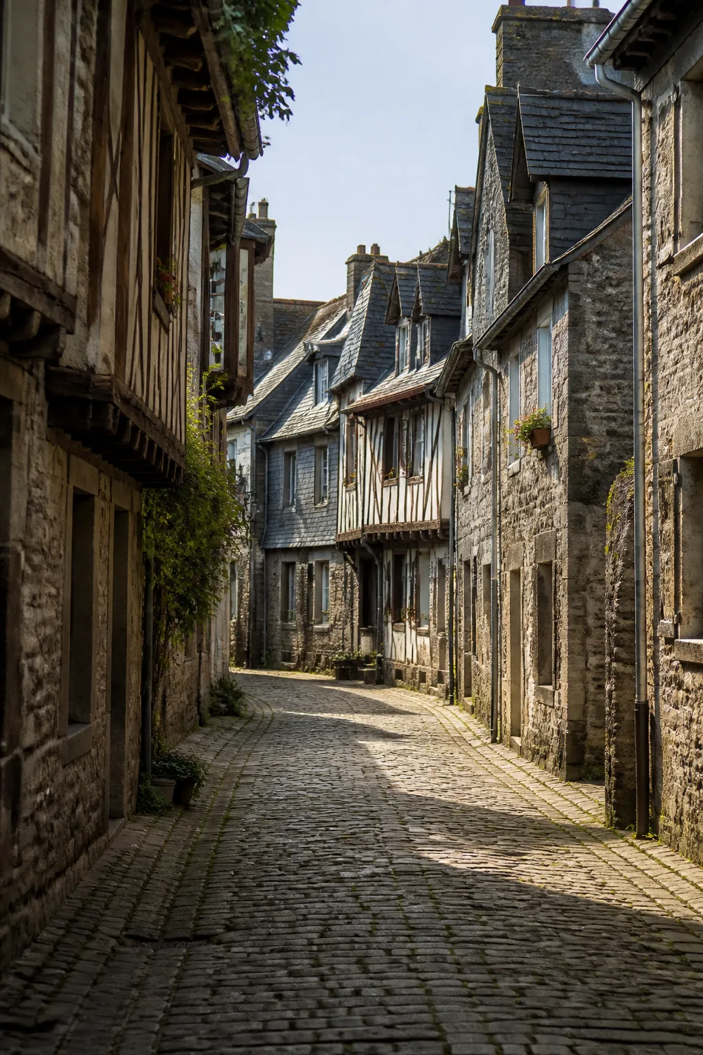 Maisons anciennes à pans de bois et en pierre dans une rue