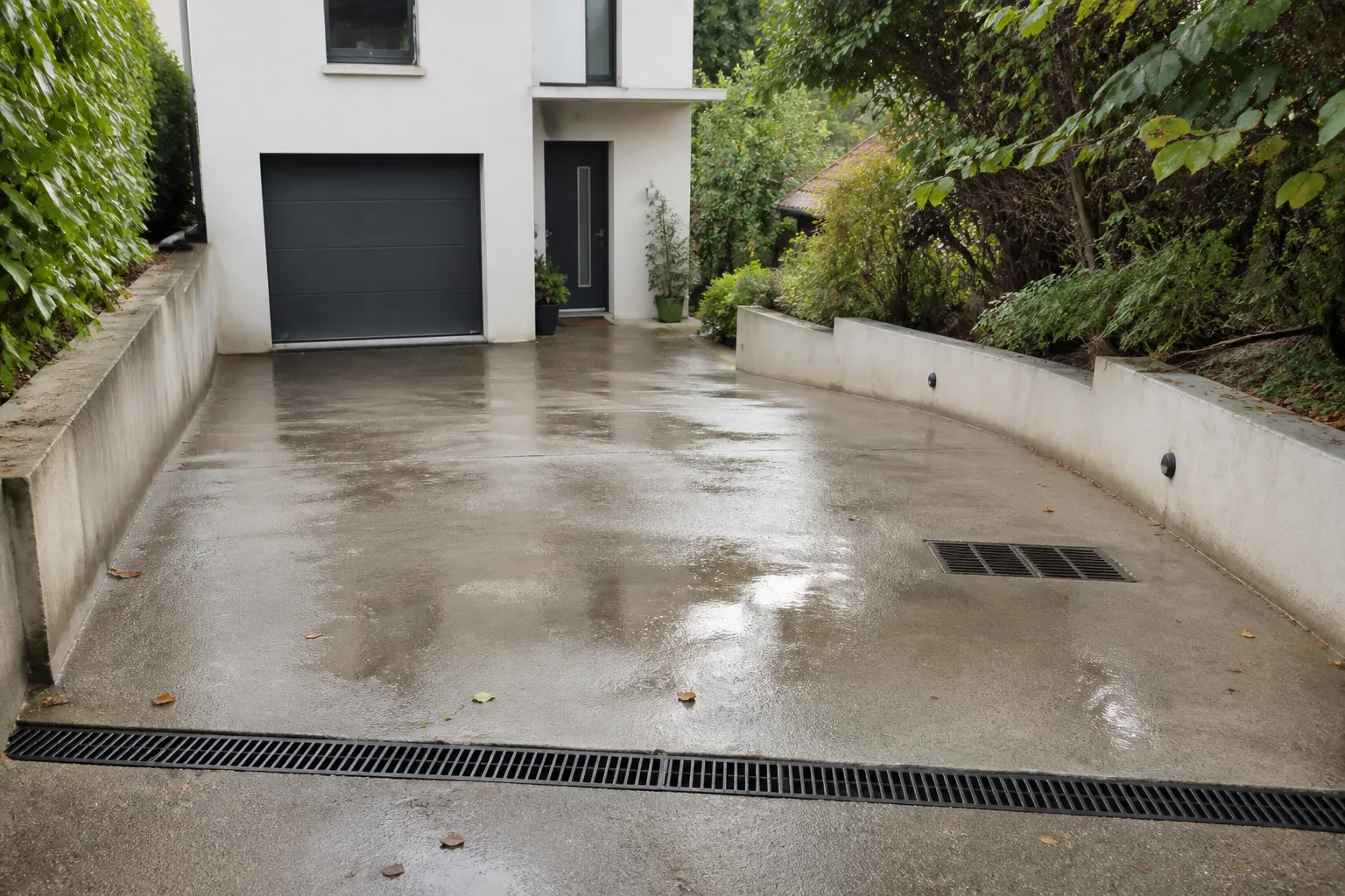 Abords d’une maison avec pente et caniveau