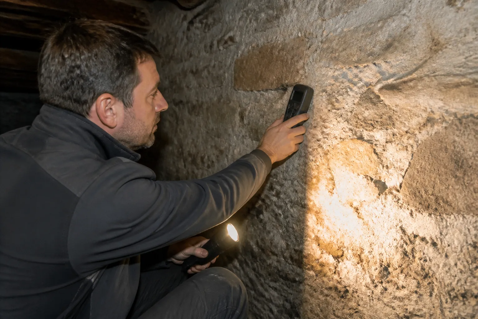Expert mesurant l’humidité d’un mur de cave