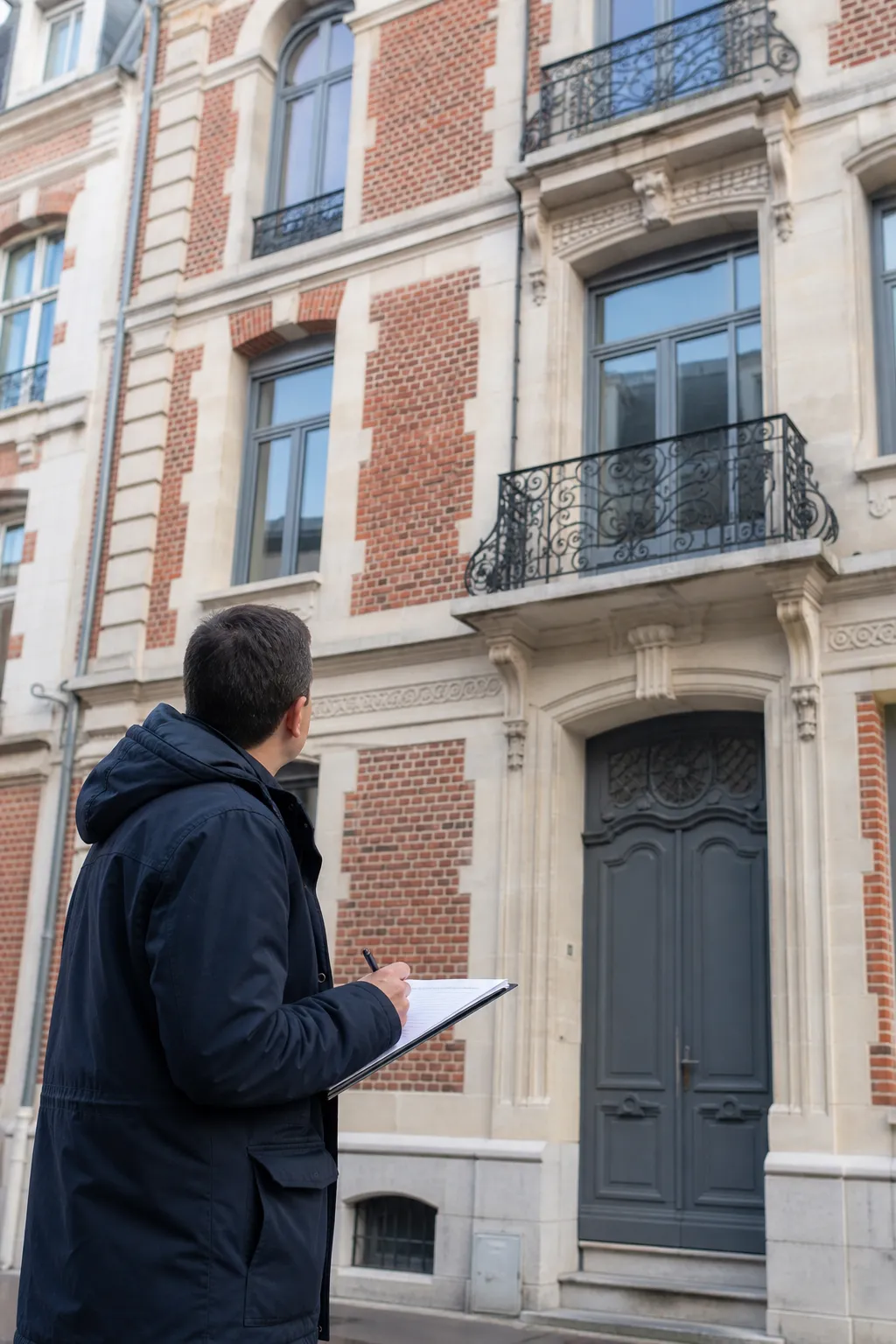Expert en bâtiment devant un immeuble ancien en brique et pierre à Arras