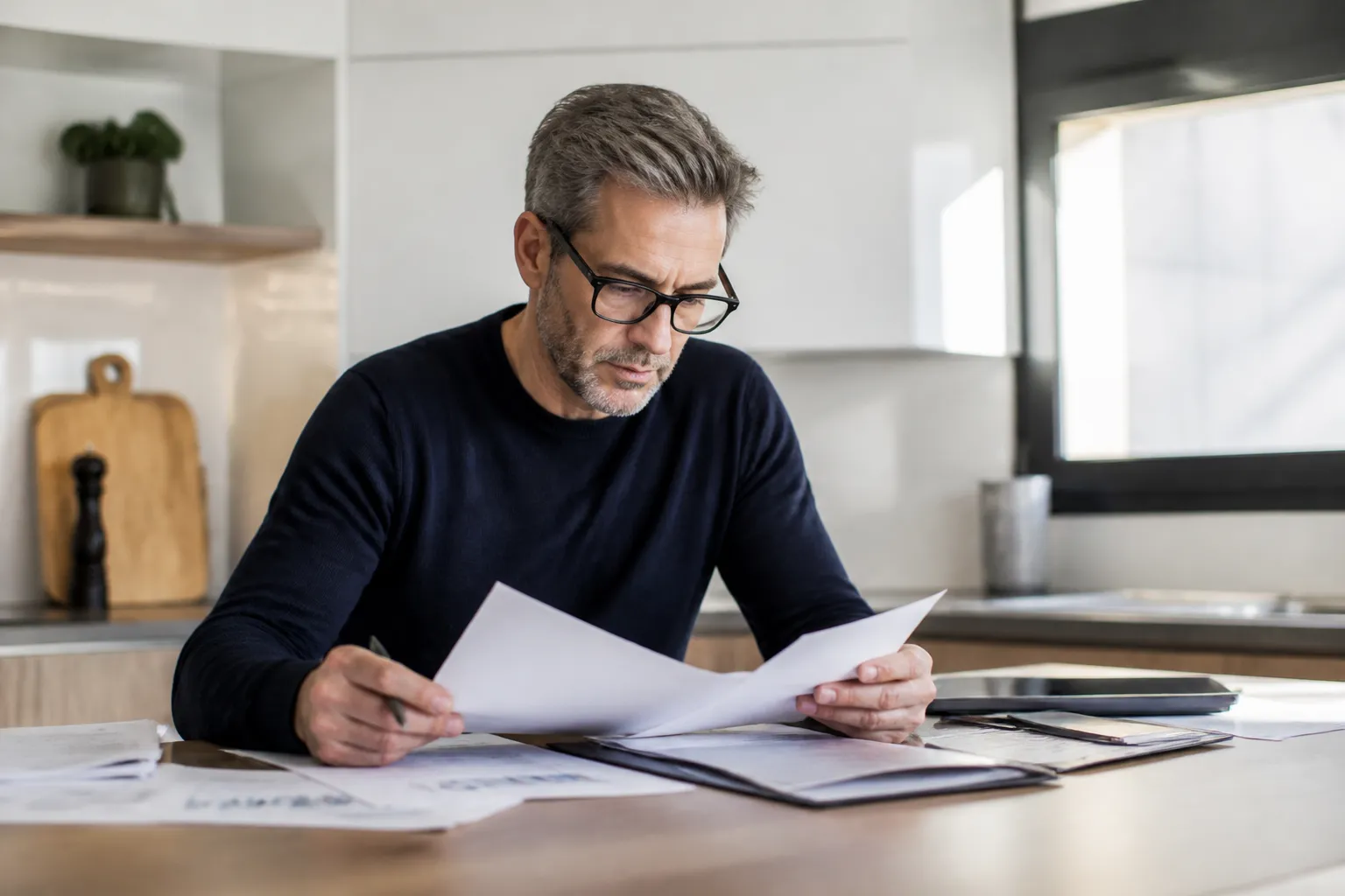 Expert relisant un dossier de vente avec un acheteur