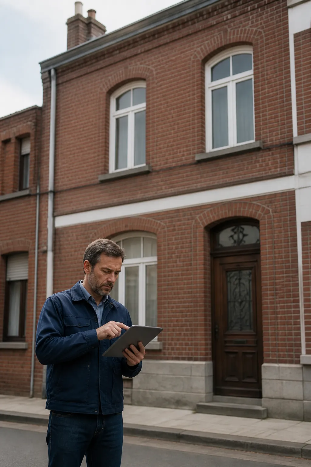 Expert en bâtiment devant une maison de ville en brique à Béthune