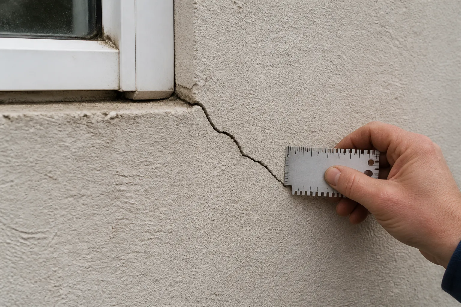 Fissure sur une façade enduite observée par un expert