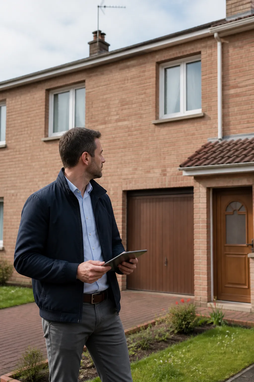 Expert en bâtiment devant un pavillon en brique avec garage