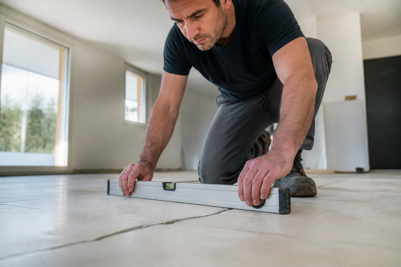 Carrelage fissuré examiné avec une règle de niveau