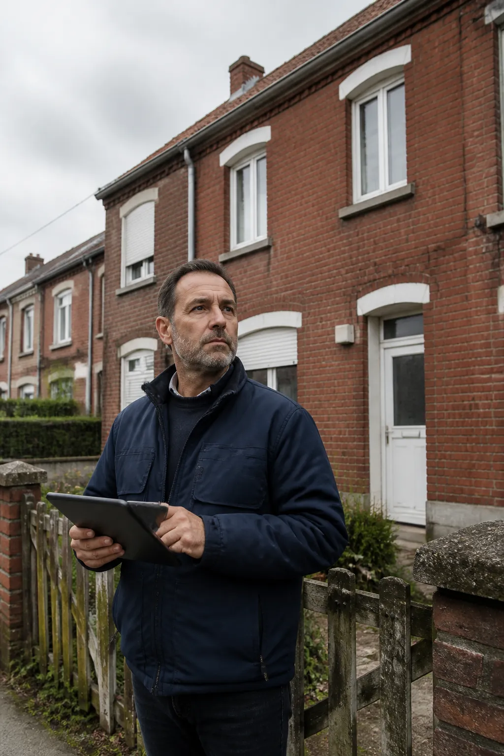 Expert en bâtiment devant une maison ouvrière en brique à Liévin