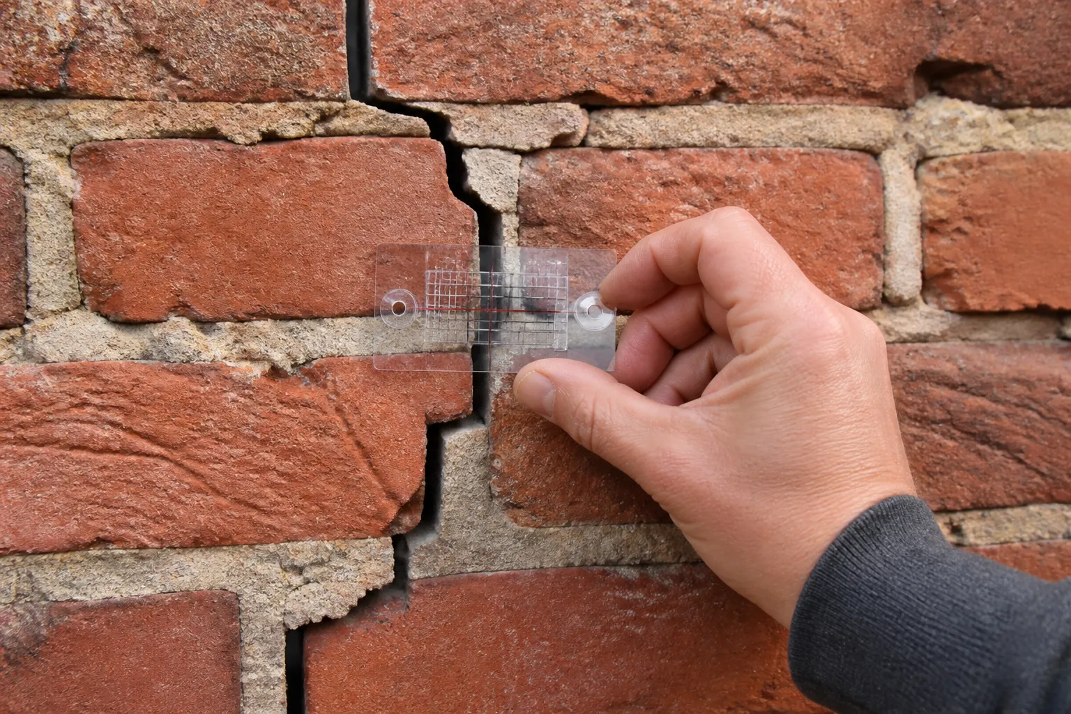 Fissure en escalier dans un mur de brique observée par un expert