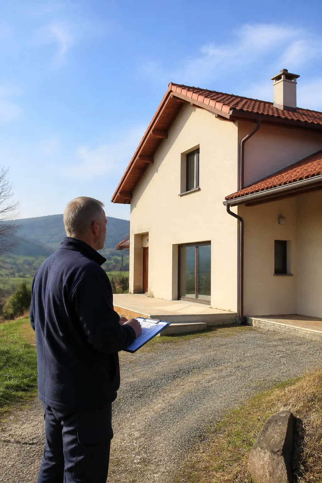 Expert en bâtiment devant une maison individuelle à Issoire