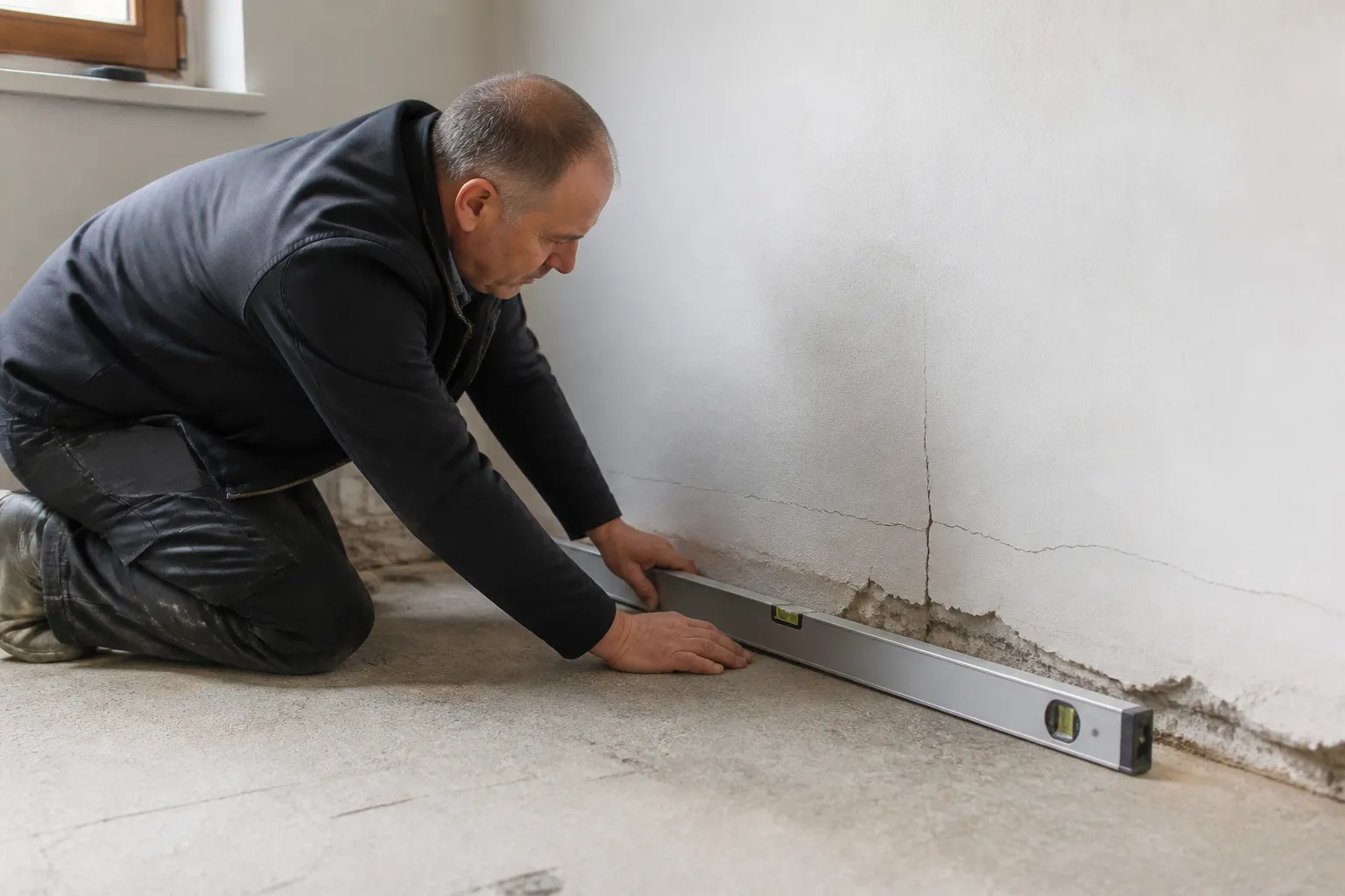 Plancher bas et mur fissuré examinés à la règle