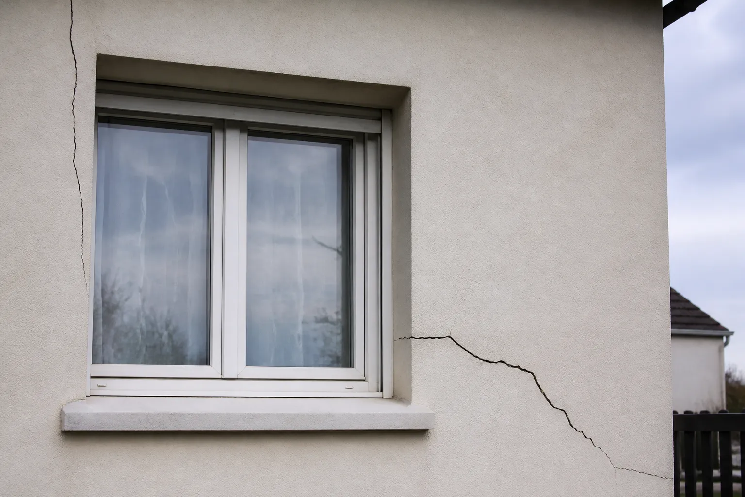 Façade de pavillon avec fissures anciennes et récentes