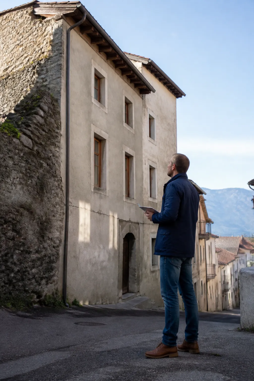 Expert en bâtiment devant une maison ancienne construite dans une rue en pente