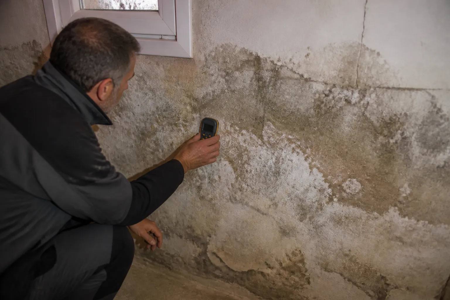 Mur enterré côté amont d’une maison avec traces d’humidité