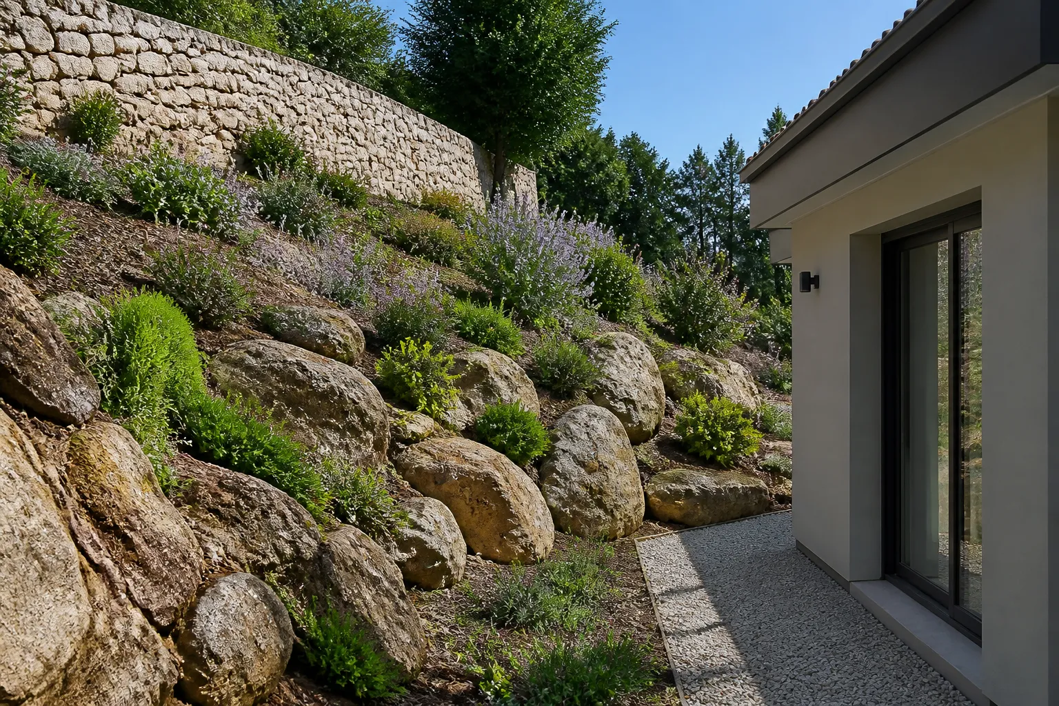 Talus rocheux et mur de protection derrière une maison
