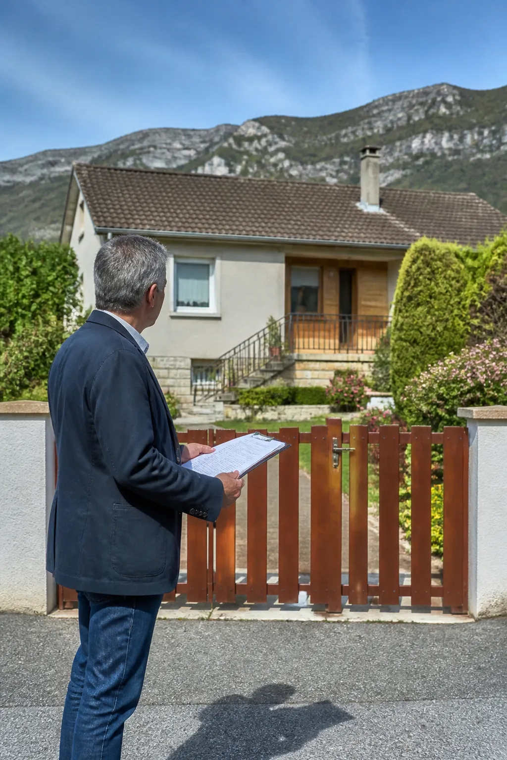 Expert en bâtiment devant un pavillon avec jardin à Billère